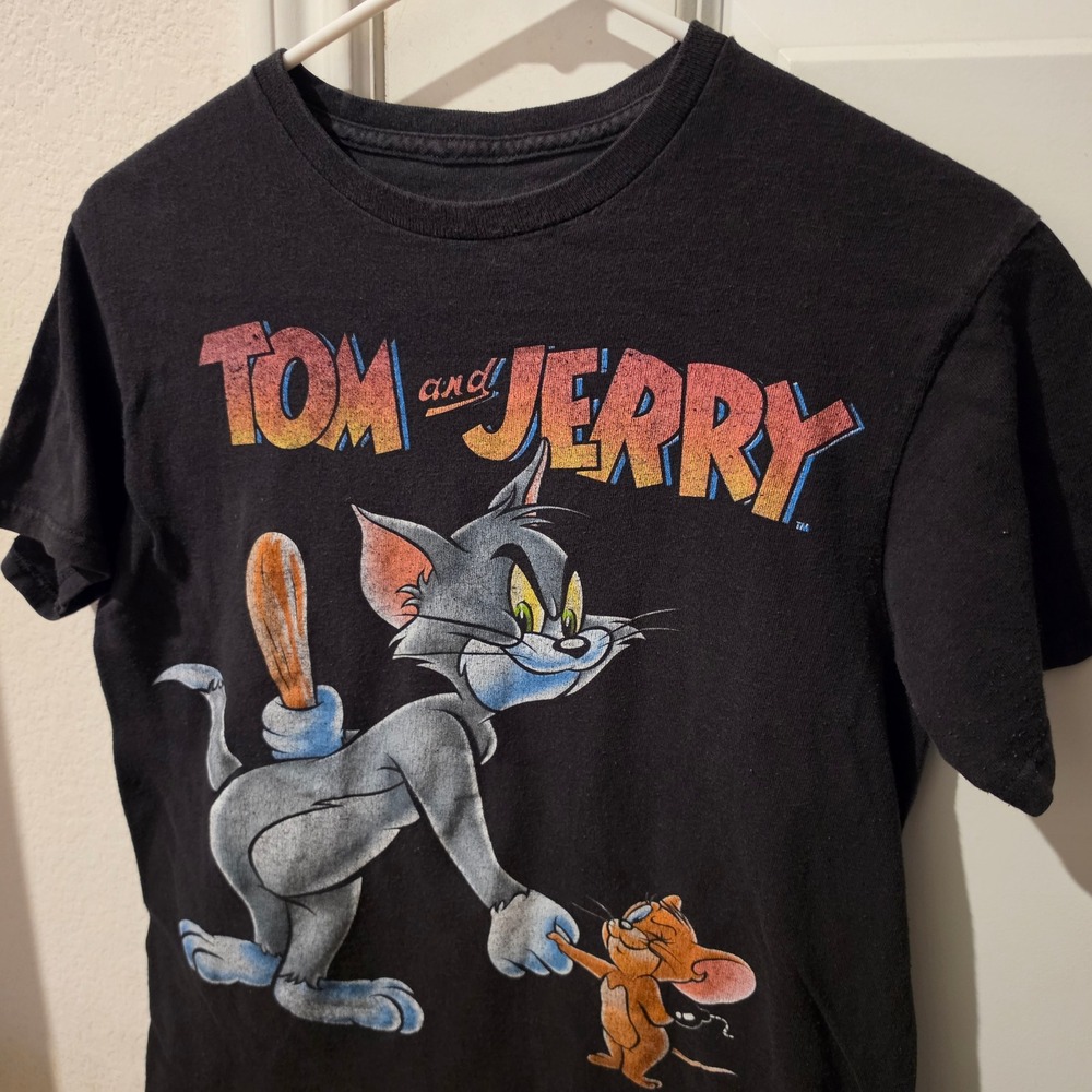 Tom and Jerry Kids Graphic T-Shirt Black Short Sleeve Crew Neck Cartoon Tee S